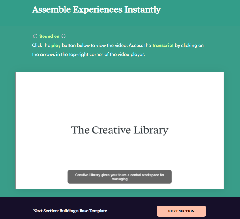A rebuilt Iterable course lesson, The Creative Library, in the new brand